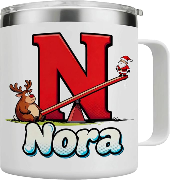 JugJug Personalized Christmas Mug with Initial & Name - Funny Seesaw Santa 12oz Insulated Coffee Cup w/Lid - Cute Xmas Gifts for Kids, Girls (B174) - Bloomnest