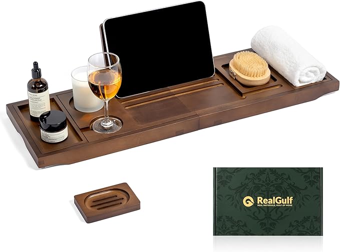 Bamboo Bathtub Tray, Bath Caddy with Wine Glass Holder, Phone Dock & Book Stand | Hands-Free Reading & Ultimate Spa Relaxation Experience-Brown - Bloomnest