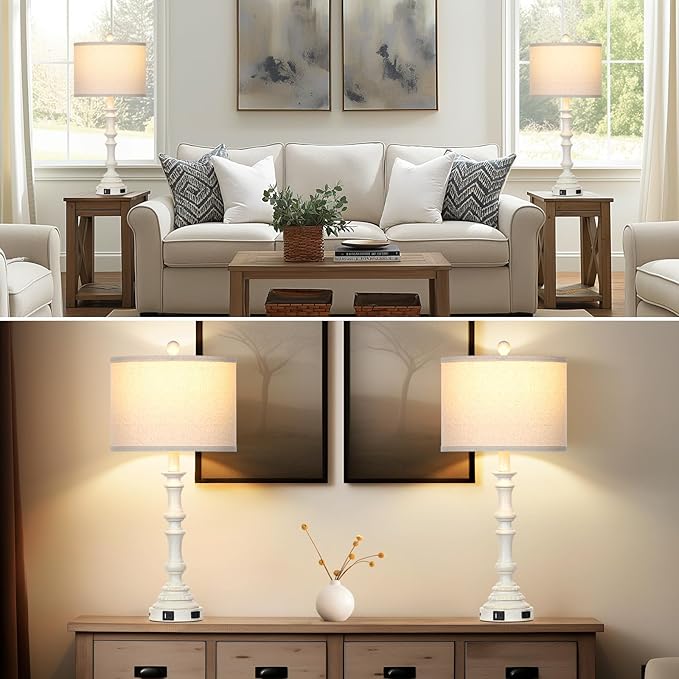 27.5" Farmhouse Table Lamps Set of 2 with USB C+A Ports & AC Outlet for Vintage Living Room Retro Bedroom,3-Way Dimmable Touch Lamp Resin Bedside Lamps for Nightstand Side End Table,White-1 - Bloomnest