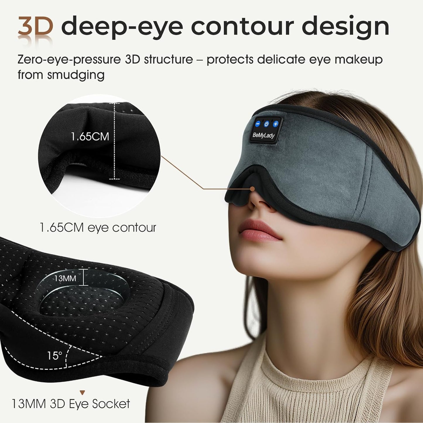 Sleep mask Headphones,100% Blackout 3D Zero Eye Pressure Bluetooth Sleep mask Breathable Eye mask with Bluetooth Headphones Sleep Headphones for Side Sleepers, 14H Playtime&Bluetooth 5.4 Grey