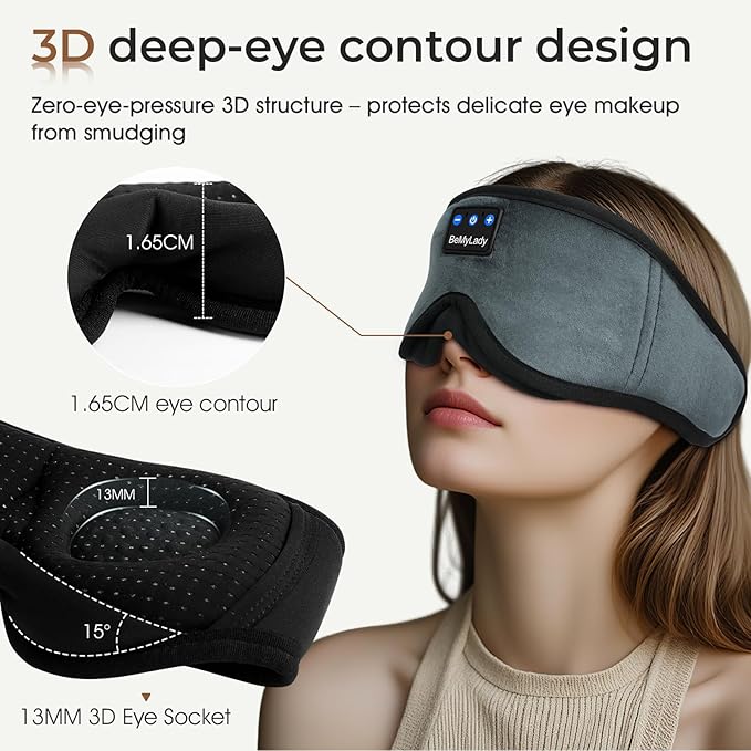 Sleep mask Headphones,100% Blackout 3D Zero Eye Pressure Bluetooth Sleep mask Breathable Eye mask with Bluetooth Headphones Sleep Headphones for Side Sleepers, 14H Playtime&Bluetooth 5.4 Grey - Bloomnest