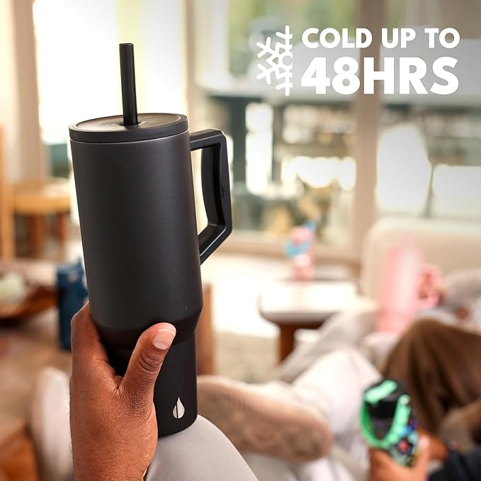 Elemental 40 oz Tumbler with Handle and Straw - Spill Proof Insulated Stainless Steel Commuter for Hot and Cold Beverages - Travel Coffee Mug with 2 Straws & Spill Proof Lid - 40oz - Black - Bloomnest