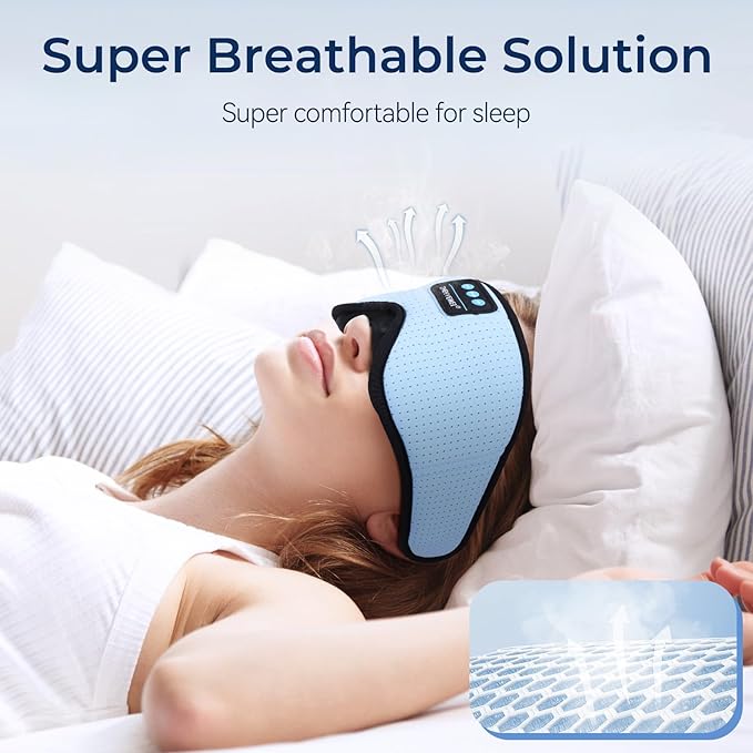 3D Sleep Mask with Bluetooth Headphones, Breathable Cotton Sleeping Headphones for Side Sleepers, Wireless Music Eye Mask with Timer, Gifts for Men Women, Blue - Bloomnest