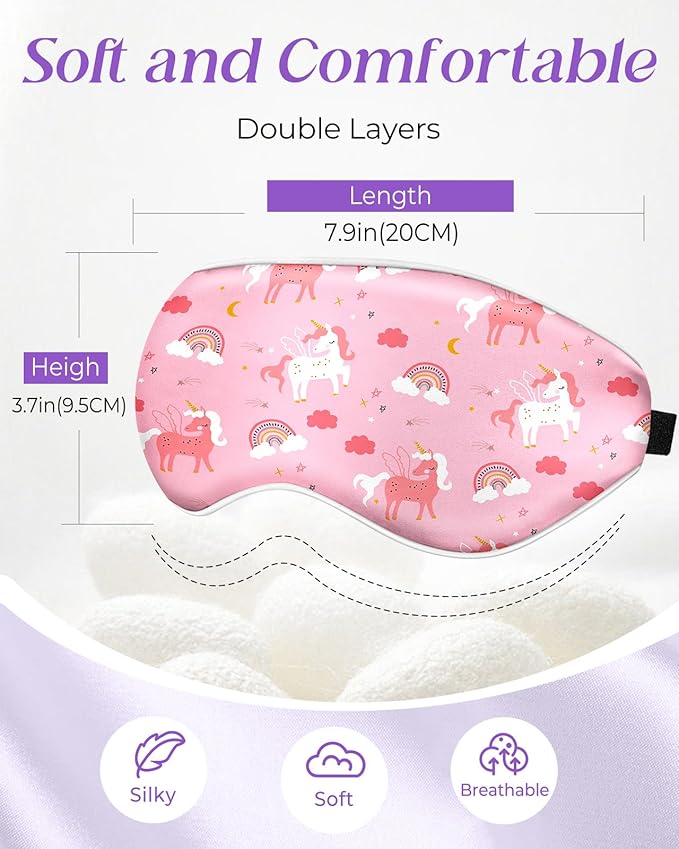 Sleep Mask for Kids - Silk Eye Mask for Sleeping Cute Cartoon Kids Sleep Mask for Boys Girls Teens Soft Smooth Adjustable Straps Silk Kids Eye Cover, PK Rainbow Unicorn - Bloomnest