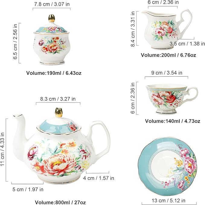 fanquare 21-Piece Green and Floral Porcelain Tea Set, Vintage Ceramic Tea Cup and Saucer Set for 6, Teapot Set for Women Party - Bloomnest