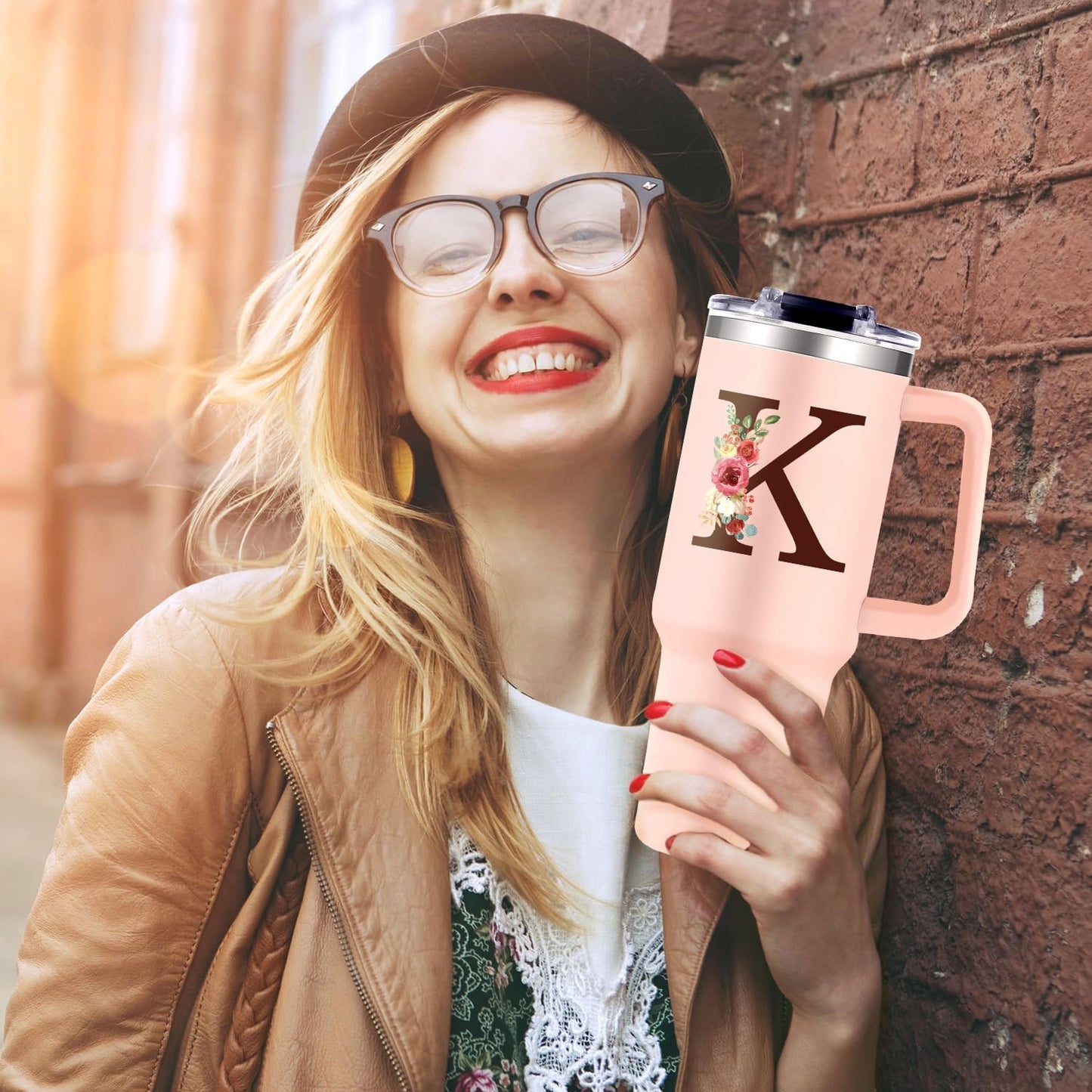 Monogrammed 40oz Tumbler with Handle for Women, Personalized Birthday Gifts for Women,Initial Cups for Woman Floral Letter K,Customized Gifts for Female Lady Gift for Mothers Day Christmas