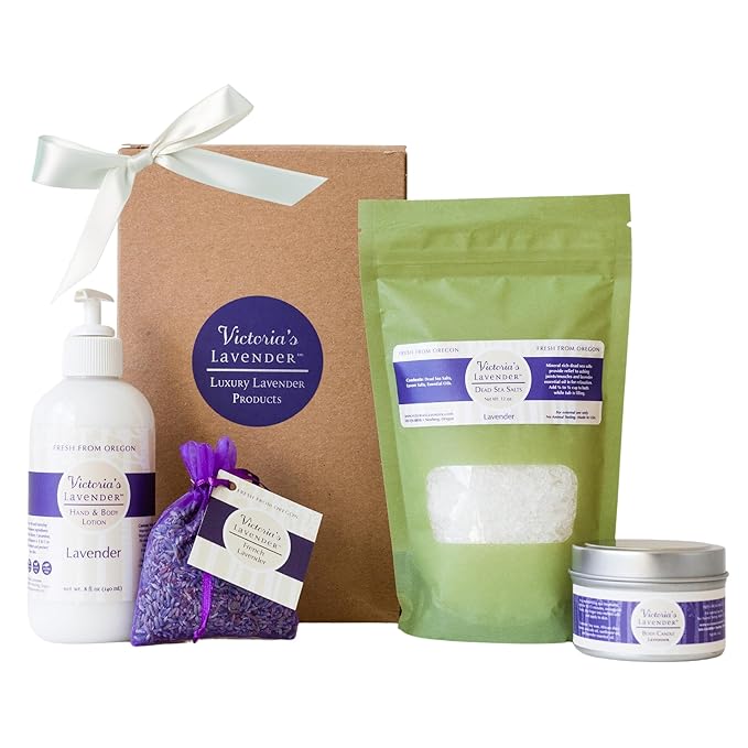 Victoria's Lavender Gift Basket for Women - Travel Massage Candle, Hand & Body Lotion, Bath Salts & Lavender Sachet, Skin Care, Beauty Products for Women, Body Wash Set, Spa Kit, Made in The USA - Bloomnest