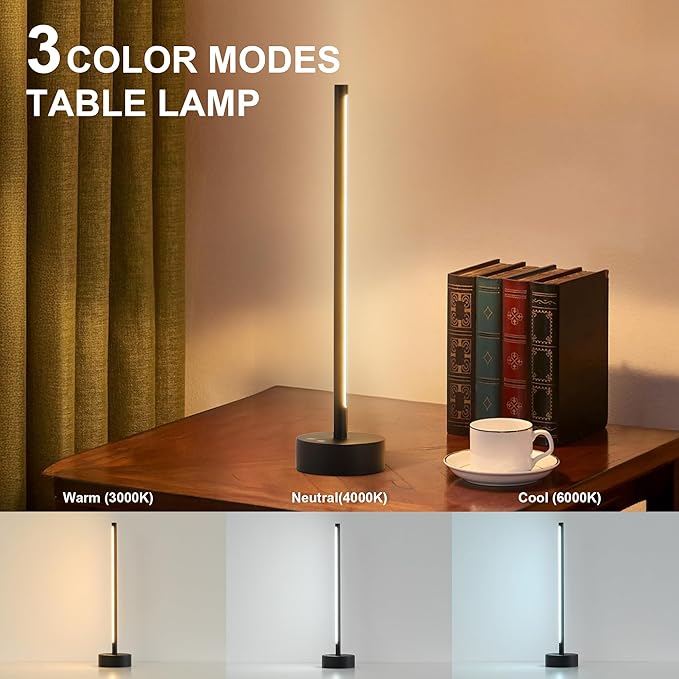 Cordless LED Table Lamp Set of Two, Battery Operated Portable Desk Lamp, Dimmable/3 Color/Memory Function, Modern Rechargeable Table Light for Living Room,Bedroom, Bedside, Black, 2 Pack - Bloomnest