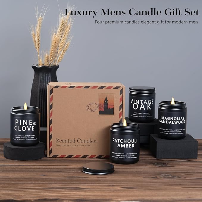 Candles for Men, 4 Pack Scented Candles, Gifts for Father Dad Day, 50 Hours Long Burning Soy Candles for Home Scented (Pine/Sandalwood/Patchouli/Oak) - Bloomnest