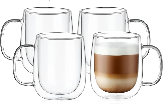 CNGLASS Large Double Wall Glass Coffee Mug 15.2oz,Clear Insulated Glass Espresso Cup with Big Handle,Clear Glass Espresso Mugs for Latte,Cappuccino,Tea Bag,Hot and Cold Beverages,set of 4 - Bloomnest