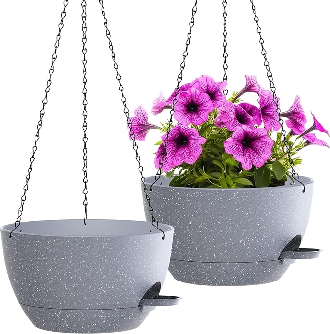 WOUSIWER Self Watering Hanging Planters, 2 Pack 12'' Plastic Pots with Drainage Holes & Reservoir Tray (Speckled Grey) | Indoor & Outdoor Use for Ferns, Ivy, Herbs, Succulents - Bloomnest