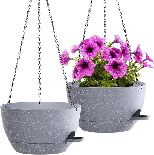 WOUSIWER Self Watering Hanging Planters, 2 Pack 12'' Plastic Pots with Drainage Holes & Reservoir Tray (Speckled Grey) | Indoor & Outdoor Use for Ferns, Ivy, Herbs, Succulents - Bloomnest