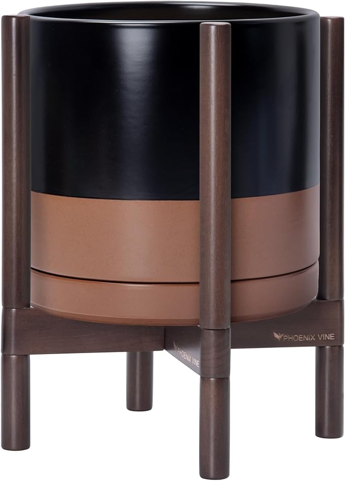 D'vine Dev Ceramic Planter with Walnut Color Stand - 12 Inch Modern Round Flower Pot with Wood Planter Holder, Black/Speckled Tan, 55-B-W-7 - Bloomnest