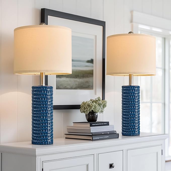 PORTRES 24.75" Modern Accent Ceramic Table Lamp Set of 2 for Bedroom Desk Decor Bedside Lamps for Living Room Study Room Office Dorm Farmhouse Nightstand Lamp End Table Lamps (Blue) - Bloomnest