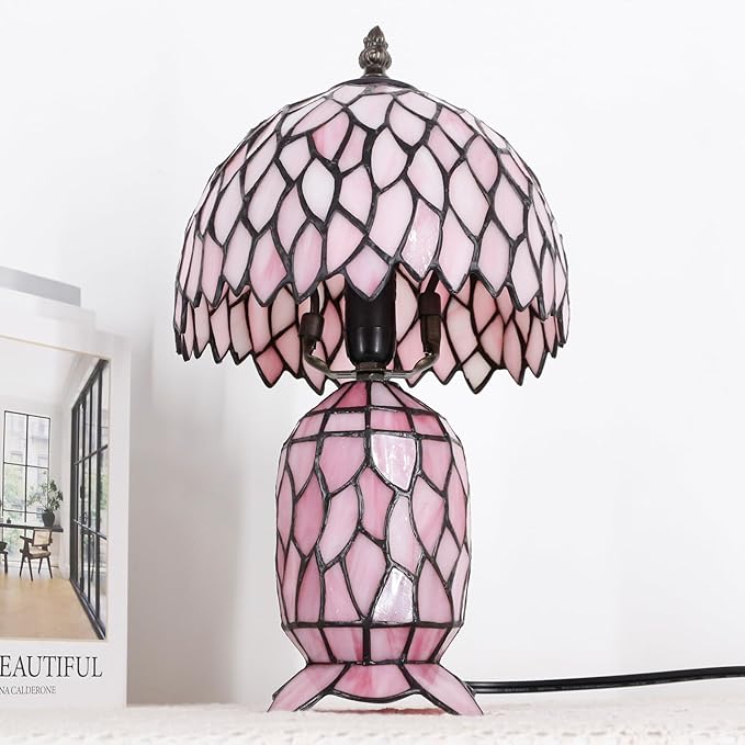 Small Tiffany Lamp Stained Glass Table Lamp Mini Mother Daughter Vase Desk Accent Night Light for Bedroom Bedside Reading Home Antique Style 8X14 Inches (Pink Wisteria) - Bloomnest