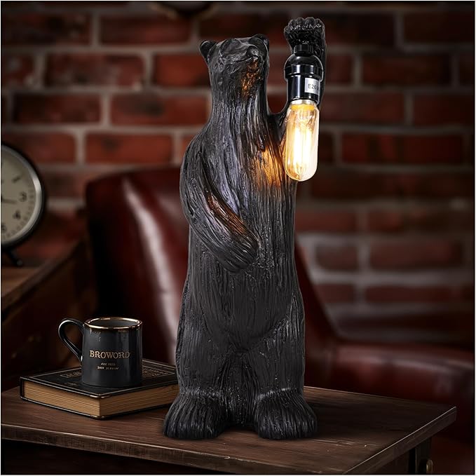 Scenekoy Bear Table Lamp for Living Room Bedroom, Memory Function, 3 Way Cycling Dimming, Resin Gothic Style Bedside Nightstand Lamps, Rustic Night Light Home Room Decor (Bulb Included) - Bloomnest