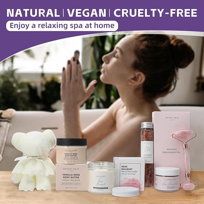 Natural Amor Rose Spa Gift Set – 6 pcs Handmade Self-Care Kit with Body Butter, Bath Salt, Clay Mask, Candle, Jade Roller & Bear Headband – Relaxation Gift for Women - Bloomnest
