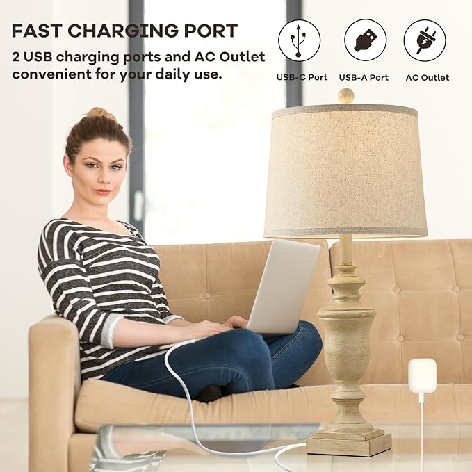 27.5" Vintage Farmhouse Table Lamps Set of 2 Bedside Lamp, 3 Way Dimmable Bedroom Lamps with 2 USB Ports +AC Outlet Touch Nightstand Lamp Rustic Lamp (Rotary-Antique Beige) - Bloomnest
