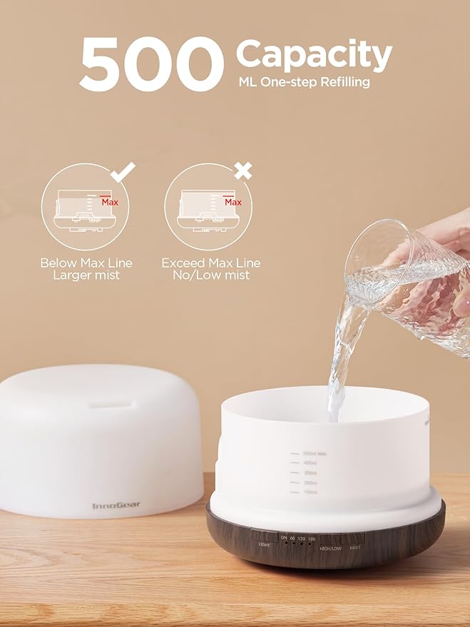 InnoGear 500ml Essential Oil Diffuser with Remote Control, Premium Ultrasonic Aromatherapy Diffusers Scent Humidifier Vaporizer Auto-Off Timer for Large Room Home, Brown - Bloomnest