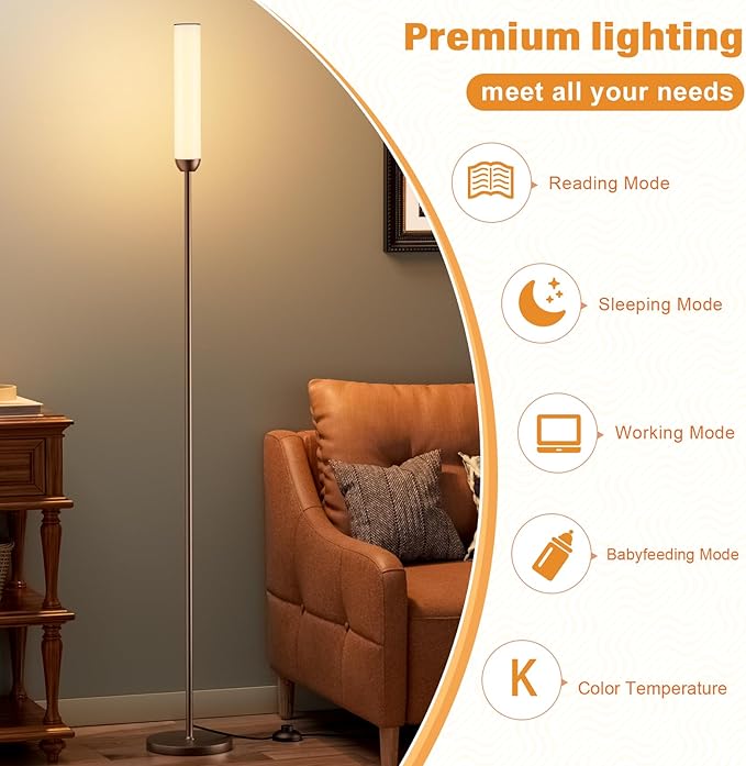 LED Floor Lamp with Remote Control, 65" Standing lamp with Stepless Adjustable 3000K-6500K Colors & 5%-100% Brightness, Foot Switch(Brown) - Bloomnest