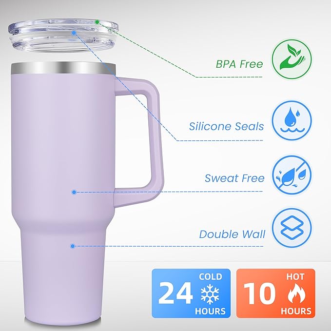 DOMICARE 40 oz Tumbler with Handle and Straw, Stainless Steel Tumbler with Lid and Straw, Reusable Vacuum Insulated Cup, Travel Coffee Mug, Lavender, 1Pack - Bloomnest