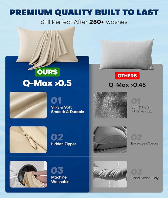 Ultra-Chill Cooling Pillowcase Set of 2 for Hot Sleepers, Softer Than Silk Pillow Cases for Protecting Hair & Skin, Breathable Bed Pillow Covers w/Zipper, Gifts for Women Men(Beige, Standard) - Bloomnest
