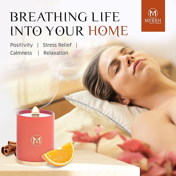 MyrrhUSA Orange Cinnamon Scented Candle – 15oz Natural Soy Wax with Crackling Wooden Wick & Essential Oil | 80 Hour Burn | Luxury Aromatherapy Candle for Relaxation, Home Décor, Living Room & Bathroom - Bloomnest