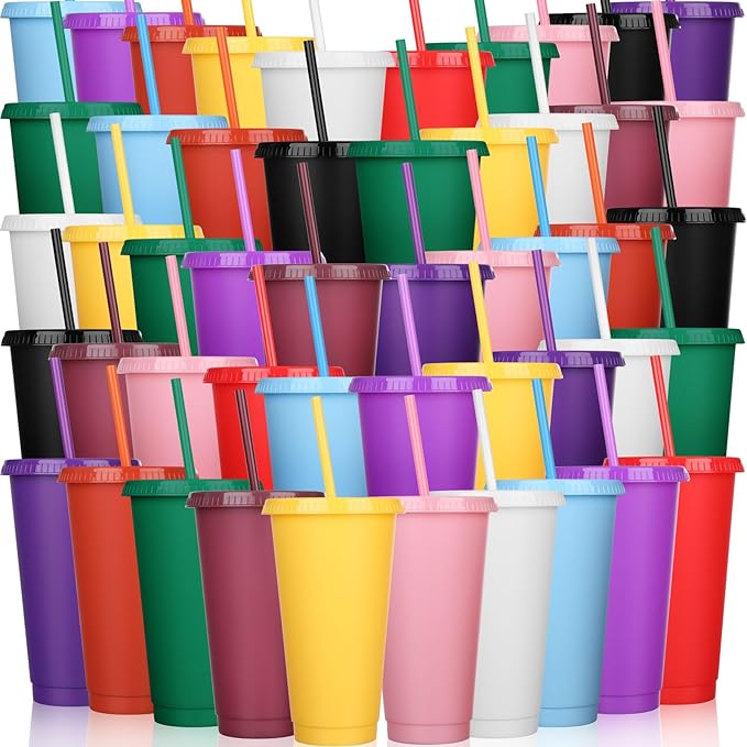 Honeydak 60 Pcs Tumbler with Straw and Lid Bulk Water Bottle Iced Coffee Travel Mug Cup Reusable Plastic Cups for Party Birthdays 24-27 oz (Solid Color) - Bloomnest