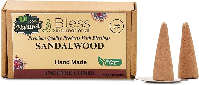 Bless International Sandalwood 100%-Natural-Incense-Cones Handmade-Hand-Dipped Organic-Chemicals-Free for-Purification-Relaxation-Positivity-Yoga-Meditation The-Best-scents (10 Count) BlessInternational