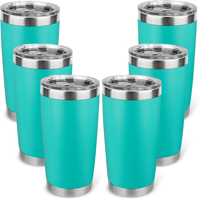 20oz Stainless Steel Tumbler Bulk with Lid, Travel Mug - Double Wall Vacuum Powder Coated Cup - Light Green, 6 Pack - Bloomnest