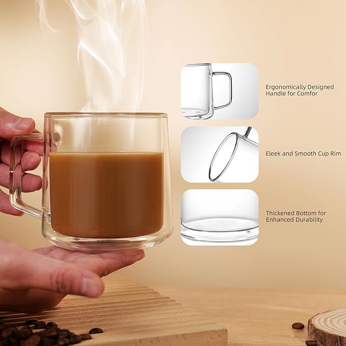 CNGLASS 15oz(4-pack) Double Walled Glass Coffee Mugs,Large Insulated Glass Mugs with Handle,Clear Coffee Cups for Espresso,Latte,Cappuccino,Tea - Bloomnest