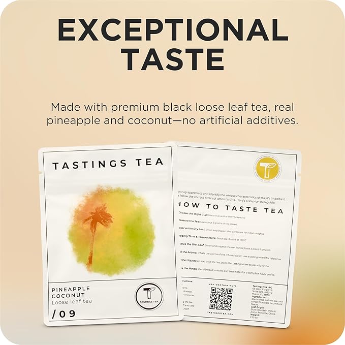 Tastings Tea Pineapple Coconut Loose Leaf, 2.25 oz | Tropical Black Blend & Fruit Infusion | Medium Caffeine | Naturally Sweet & Energizing | Small Batch & Sustainably Sourced | Resealable Pouch - Bloomnest