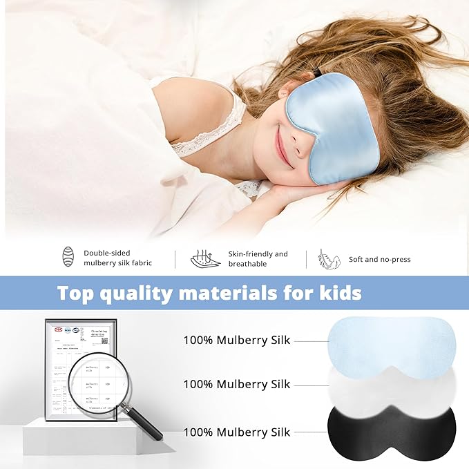 Kids Sleep Mask Eye Cover, 100% Real Natural Pure Silk Eye Mask with Adjustable Strap, Blindfold Kids Eye Mask for Sleeping, Eye Shade for Boys Girls and Adult, Pressure-Free Comfort (Blue) - Bloomnest