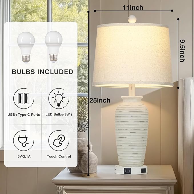 25" Retro White Farmhouse Jar Table Lamps for Living Room, 3 Way Touch Control Rustic Bedside Lamps with USB A+C Ports & AC Outlet, Pot Nightstand Lamps for Bedroom (LED Bulbs Included) - Bloomnest