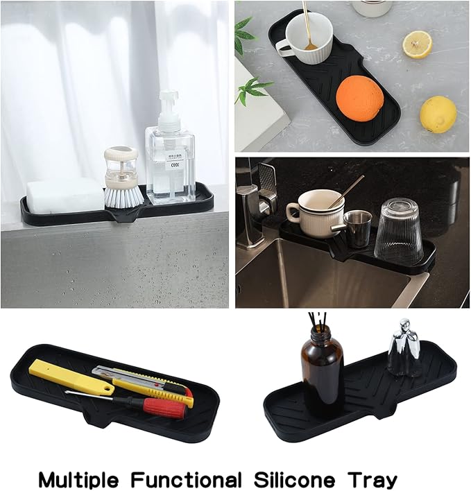 Silicone Bathroom Soap Dishes with Drain Spout-Bathroom and Kitchen Sink Organizer,Sponge Holder,Dish Soap Tray,Perfect for Dispenser,Scrubber,Bottle,Cup on Sink or Counter-Black 12"×4" - Bloomnest