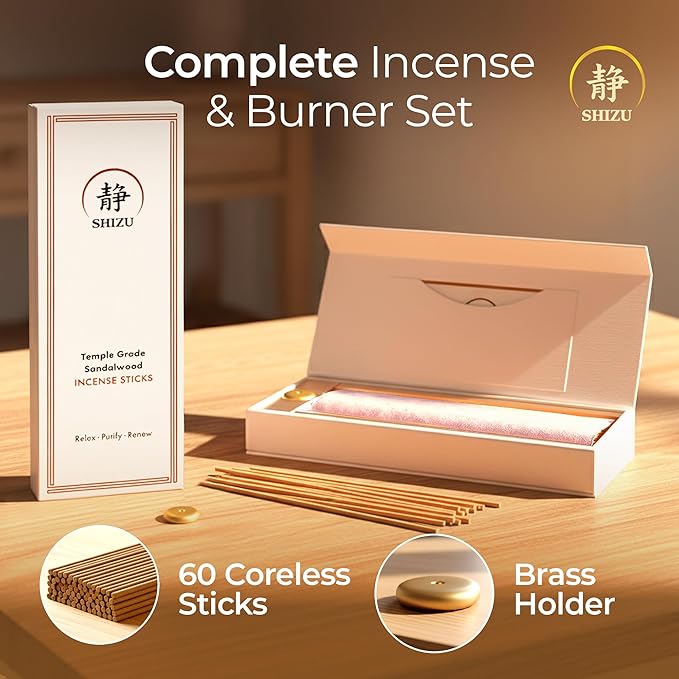 Shizu Sandalwood Incense Sticks – Temple Grade Japanese Incense with Brass Holder – Calming Scent for Relaxation, Meditation & Home Spa, Elegant Gift Set (60 Sticks) - Bloomnest