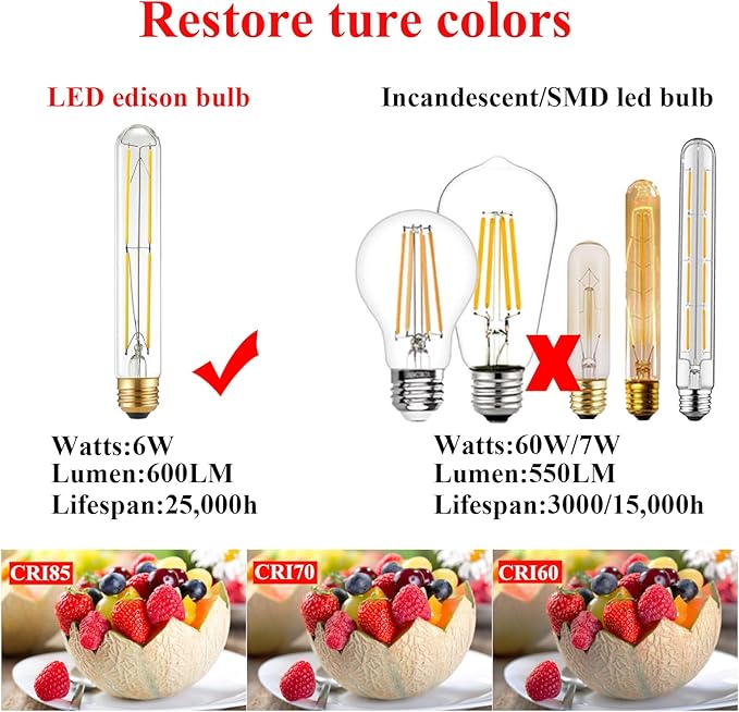 Arberlic 7.3 Inch T10 LED Bulb,6W E26 LED Bulb dimmable Equivalent E26 Bulb 60 watt,Neutral White 4000K,600lm,CRI85+,AC120V,Clear Glass Long Tubular Light Bulb,Flicker-Free,Pack of 6 - Bloomnest