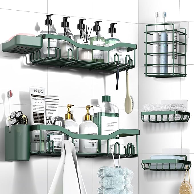 Shower Caddy Adhesive Shower Organizer 7-Pack, Rustproof Stainless Steel Bathroom Shelves, Large Capacity No-Drill Rack Storage Accessories with Soap Dish Toothbrush Holder Hooks - Bloomnest