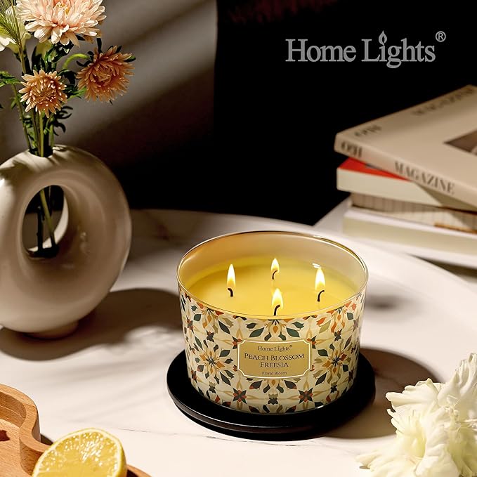 HomeLights Soy Wax Candles for Home Scented, 4-Wick Candles in Peach Blossom Freesia Scented, Aromatherapy Candles Gift for Parties, Relaxing, Bohemian Natural Textures, 18oz - Bloomnest