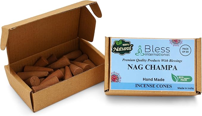 Bless-International Nag Champa 100%-Natural-Incense-Cones Handmade-Hand-Dipped Organic-Chemicals-Free for-Purification-Relaxation-Positivity-Yoga-Meditation The-Best-scents (20 Count) BlessInternational