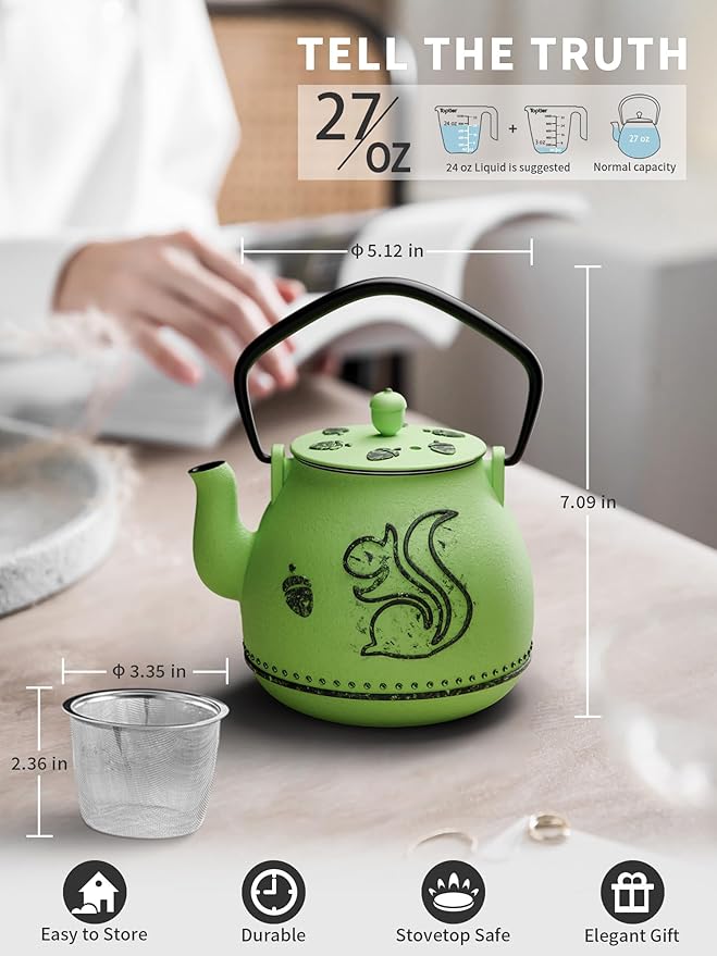 Toptier Teapot with Removable Infuser, Cast Iron Tea Kettle Stovetop Safe, Squirrel Design Tea Pot Coated with Enameled Interior for 32 Ounce (950 ml), Bright Green - Bloomnest