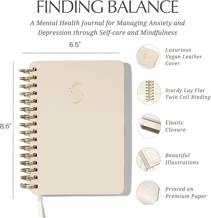 FINDING BALANCE Mental Health Journal – 6-Month Daily Journal with Prompts for Mindfulness, Self-Care & Healing – Anxiety & Depression Relief – Beige Spiral - Bloomnest