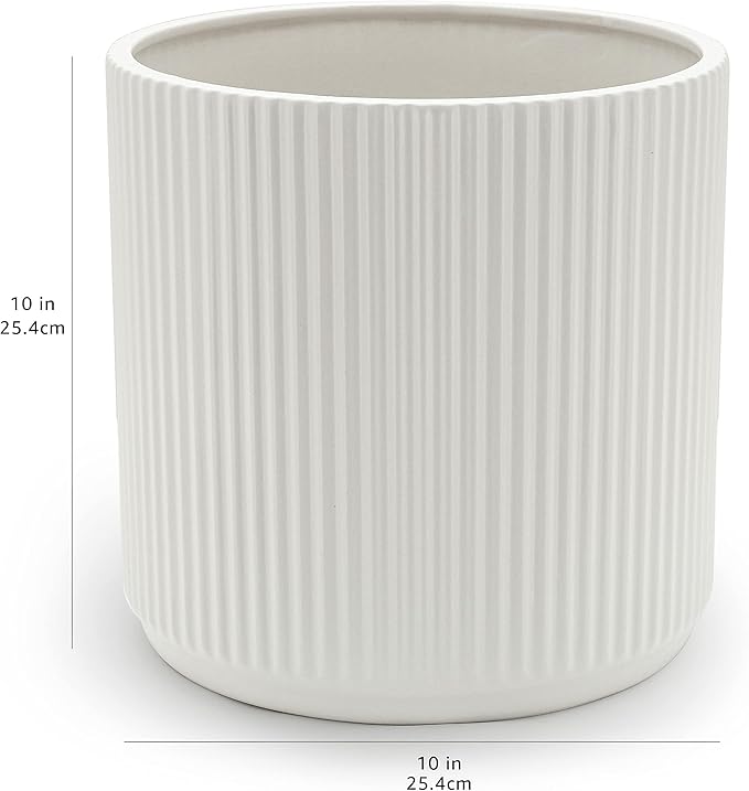Amazon Basics Fluted Ceramic Round Planter, 10 in, White - Bloomnest