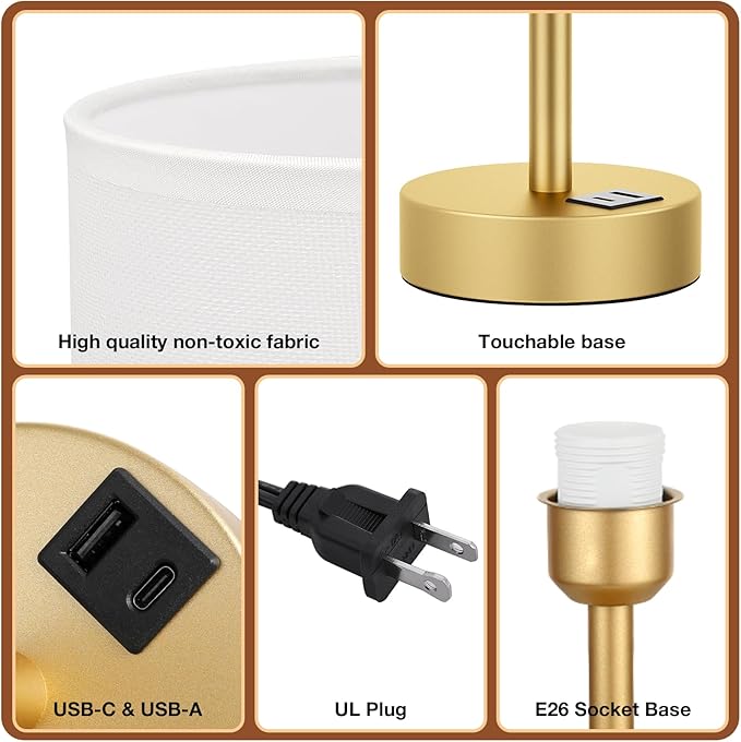 Dicoool Small Touch Bedside Lamp with USB - 3 Way Dimmable Table Lamp for Bedroom, Nightstand Lamp with Gold Charging Station for Desk Dorm, Office - Bloomnest