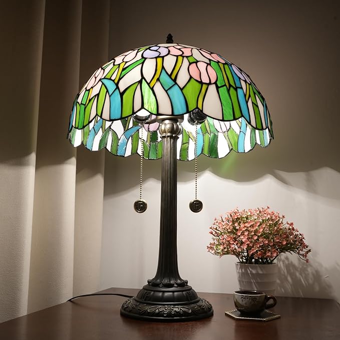 Tiffany Lamp Pink Yellow Tulips Stained Glass Table Lamp 16 inch Large Desk Light Antique Beside Reading Lamp for Home Living Room Bedroom Office - Bloomnest