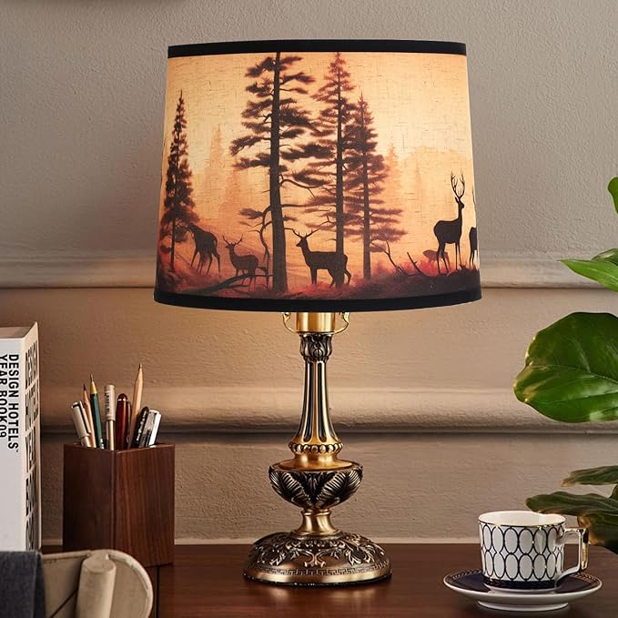 Rustic Deer Printed Large Drum Lamp Shades Set of 2. Easy Assembly.11.4"x13"x10" Barrel Brown Lamp Shade For Cabin Lodge Decoration.Replacement Lamp Shades For Table Lamps(Sipder Model) - Bloomnest