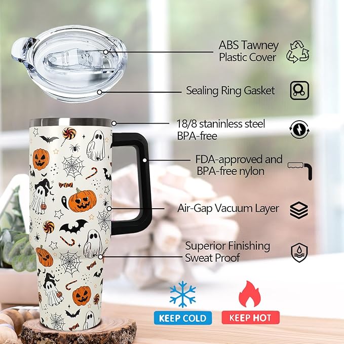 Ceovfoi 40 oz Halloween Pumpkin Tumbler Insulated Stainless Water Bottle Travel Coffee Cup, Water Bottle - Goth Ghost Witch Decor Gift for Women - Bloomnest
