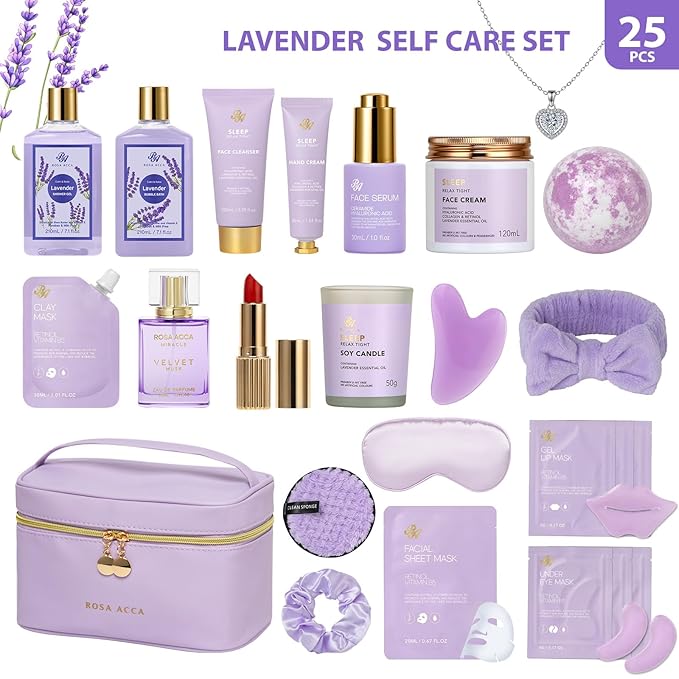 25 Pcs Valentines Day Gifts for Women, Lavender Bath & Body Gift Set, Hydrating Skin Care Set, Self Care Gifts, Face Sheet Mask, Cosmetic Bag, Necklace, Christmas, Birthday, Mothers Day - Bloomnest