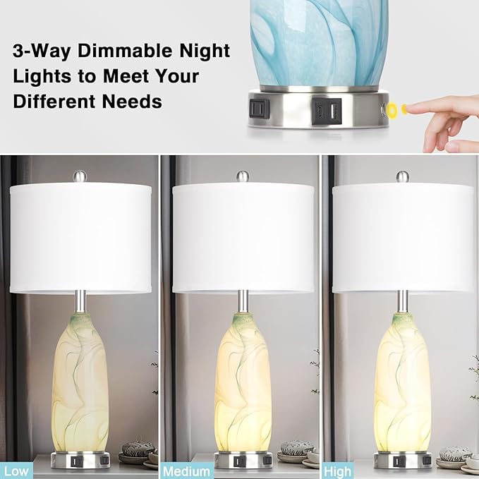26" Coastal Glass Table Lamps Set of 2, Touch Control Bedside Lamp with USB A+C Ports and AC Outlet, Blue Lamp with Night Light for Nightstand Living Room Bedroom, 2 LED Bulbs Included - Bloomnest