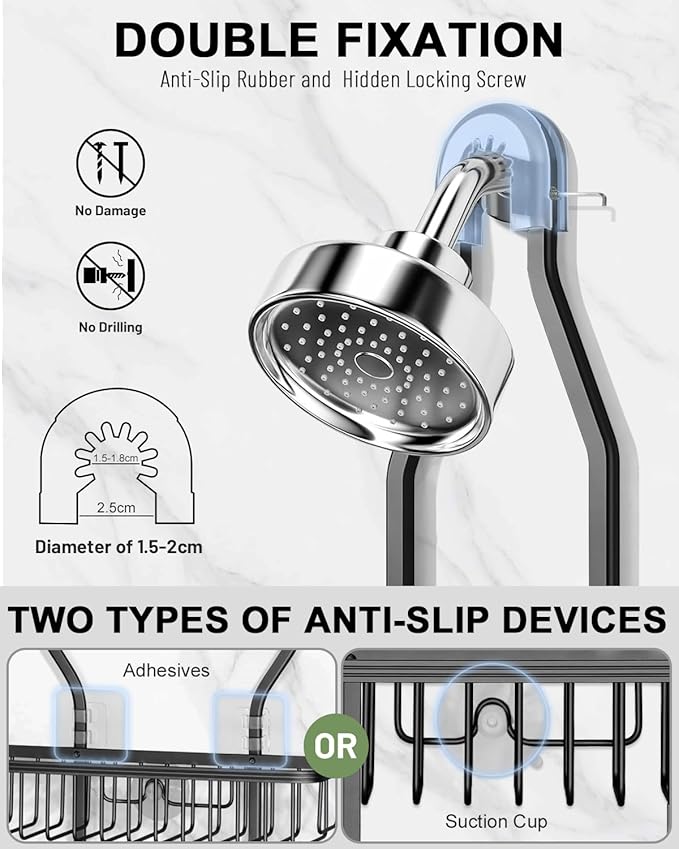 Shower Caddy Hanging - Never Rust Shower Hanging Organizer - Aluminum Over the ShowerHead Caddy with Soap Basket and 6 Hooks for Razor/Sponge (Black) - Bloomnest